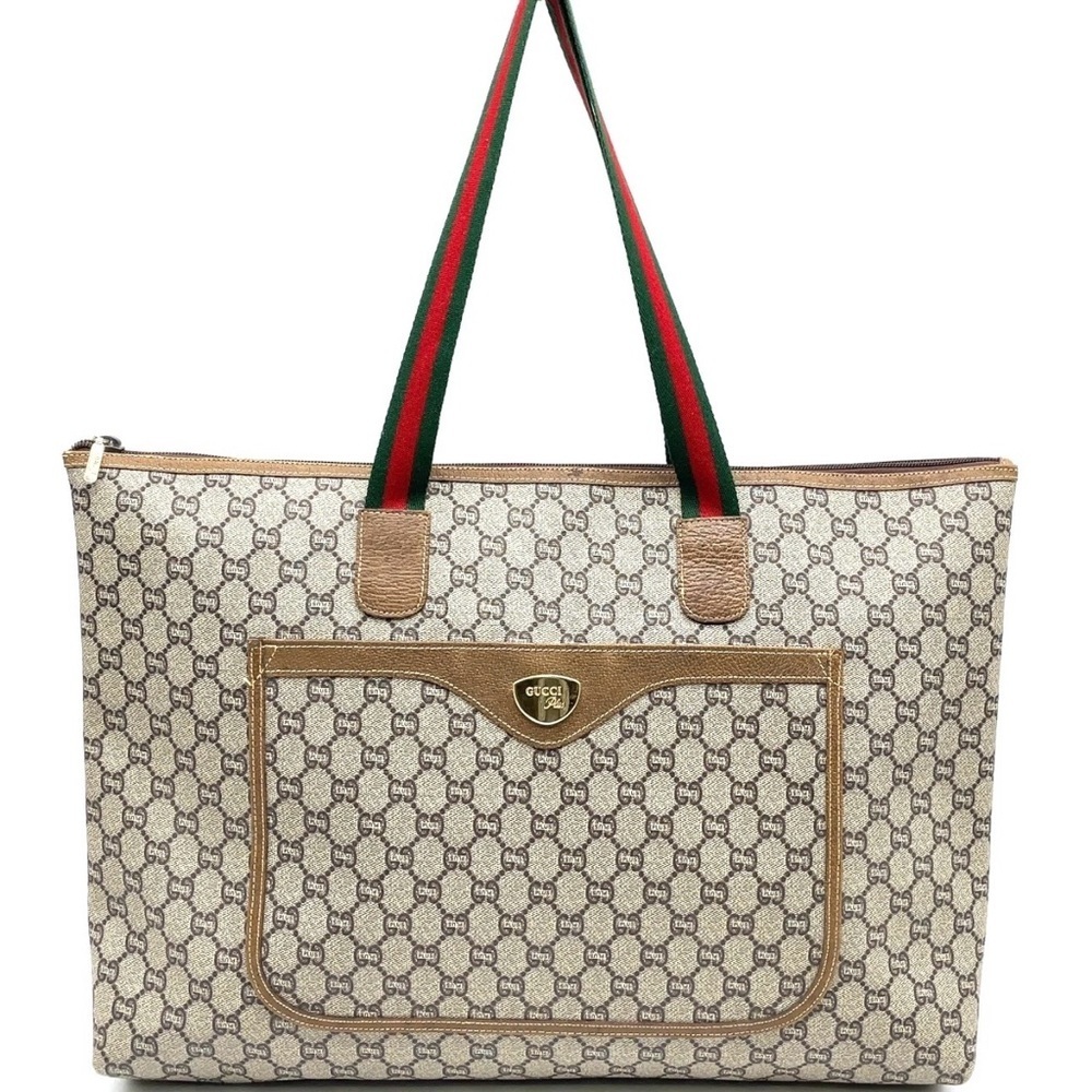 Auth Gucci GG Plus Beige Sherry Line PVC x Leather Brown Tote Bag